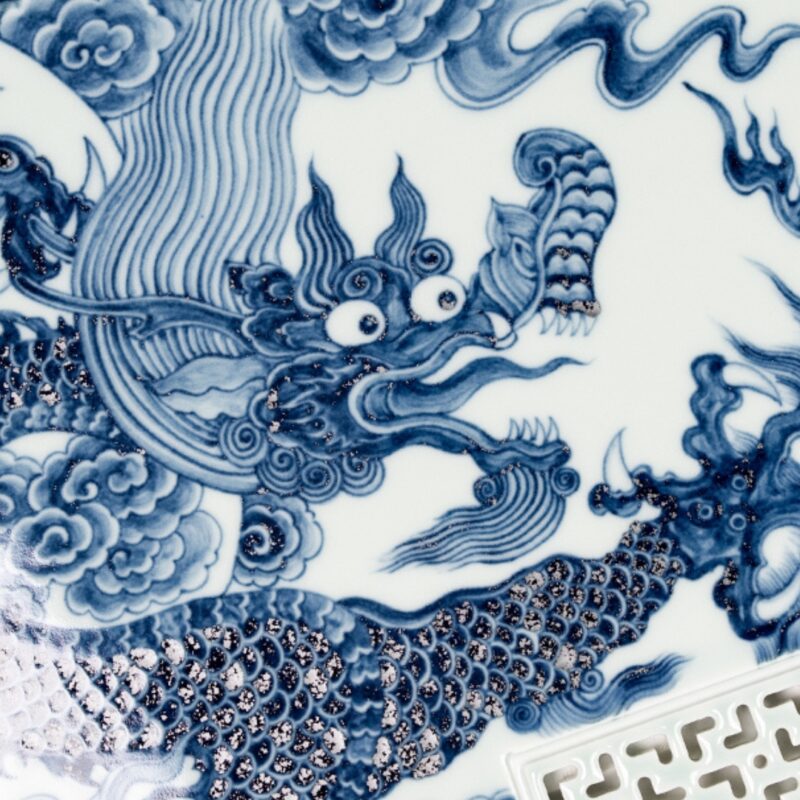 Handmade Yuan Qinghua with Dueling Dragons Chinese Tea Tray