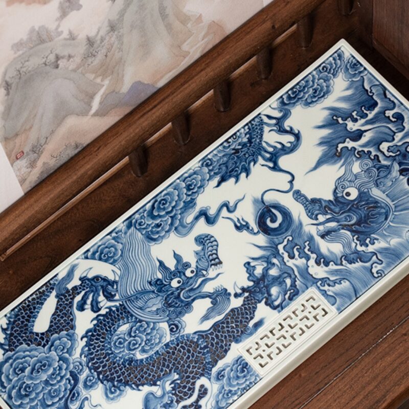 Handmade Yuan Qinghua with Dueling Dragons Chinese Tea Tray
