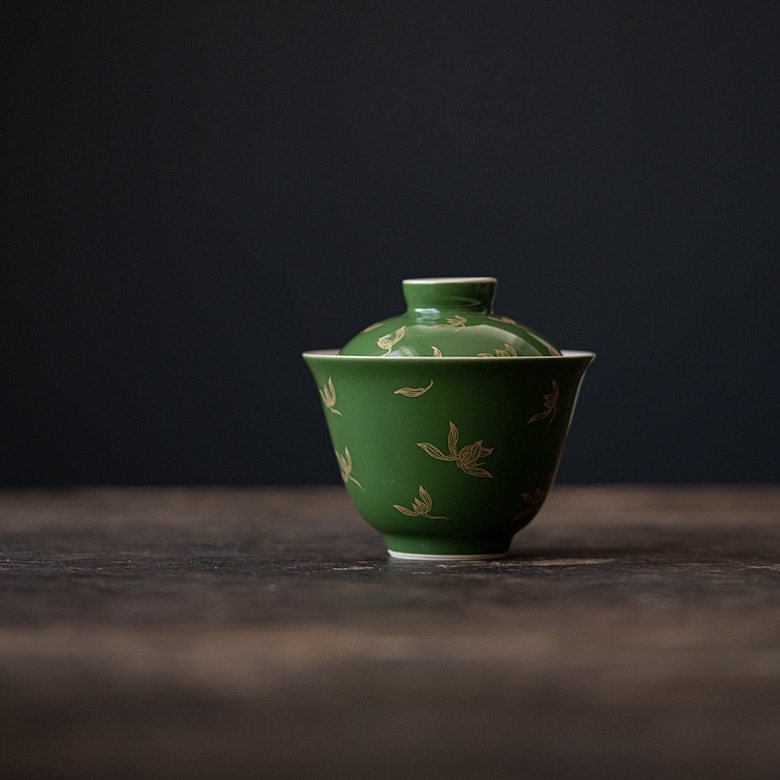 IMG_8851 Chinese Style Ceramic Emeralds Orchids in Autumn Golden Painting 150ml Gaiwan