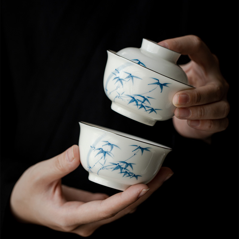 Qinghua White Porcelain Bamboo 100ml Travel Tea Set