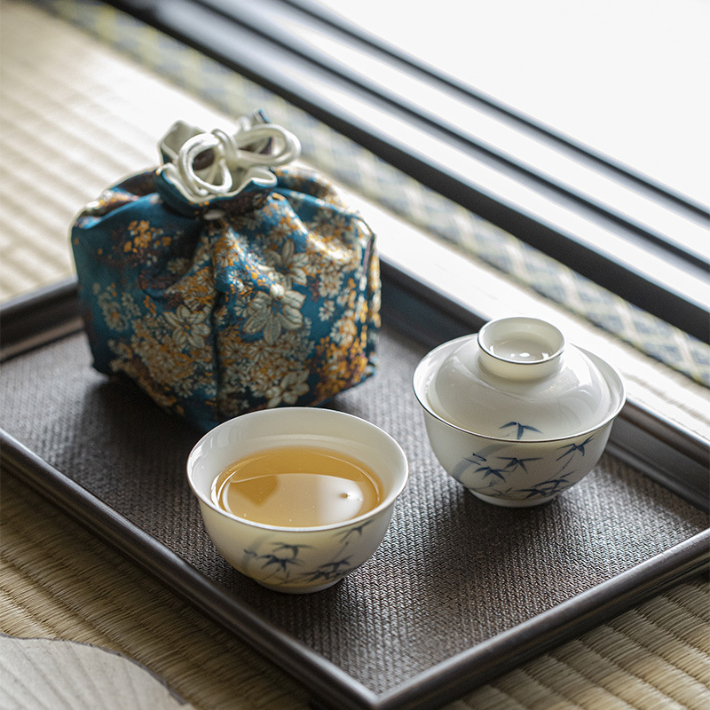 Qinghua White Porcelain Bamboo 100ml Travel Tea Set