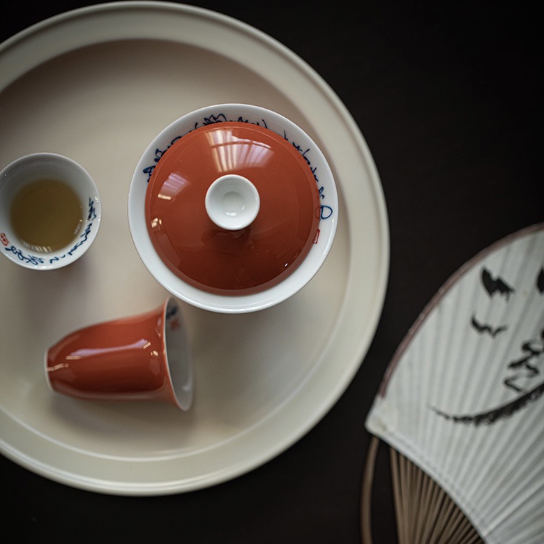 Red-Glaze-Qinghua-Poem-120ml-Gaiwan-4 Red Glaze Qinghua Poem 120ml Gaiwan