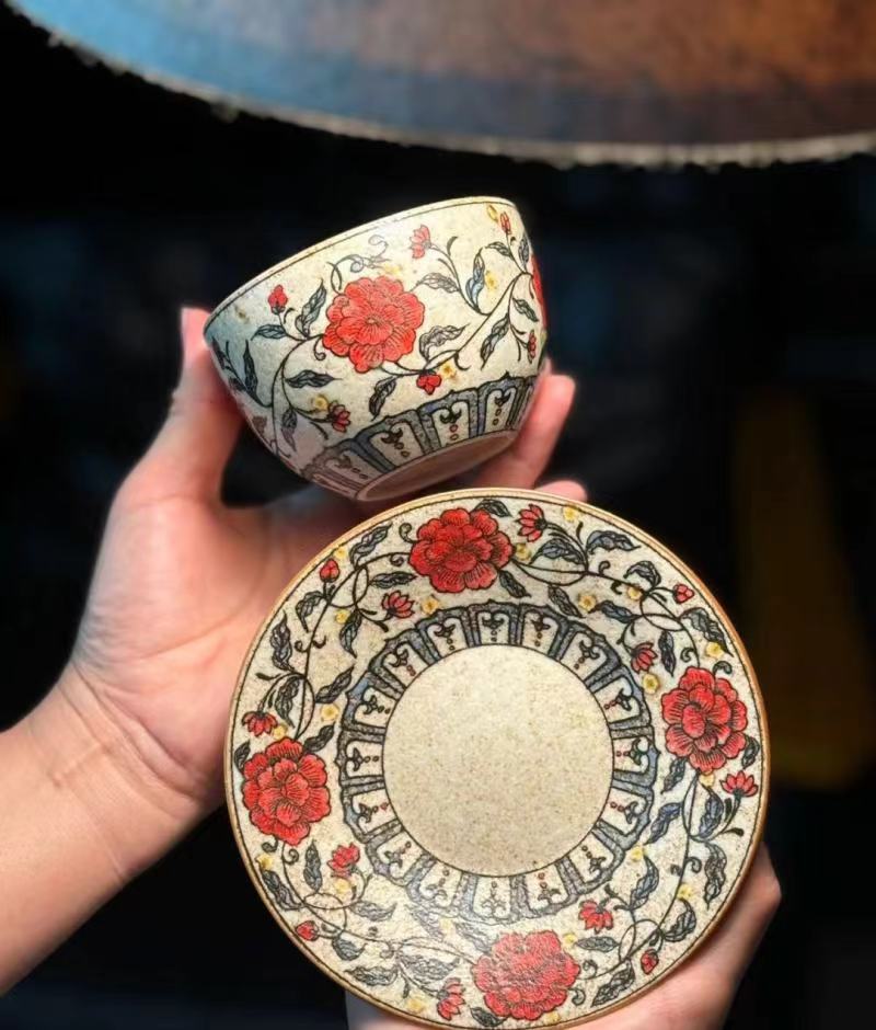 Handmade Ceramic Red Camellia Blossom 240ml Tea Cup Coffee Set