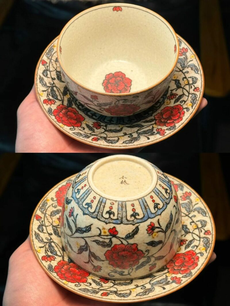 Handmade Ceramic Red Camellia Blossom 240ml Tea Cup Coffee Set