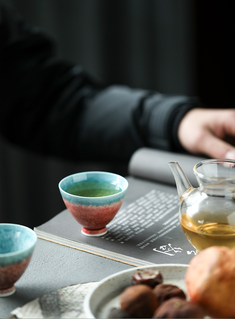 760 (2) Kiln Transmutation Handmade Gradient Glaze Ceramic Flaming Blue 70ml Tea Cup