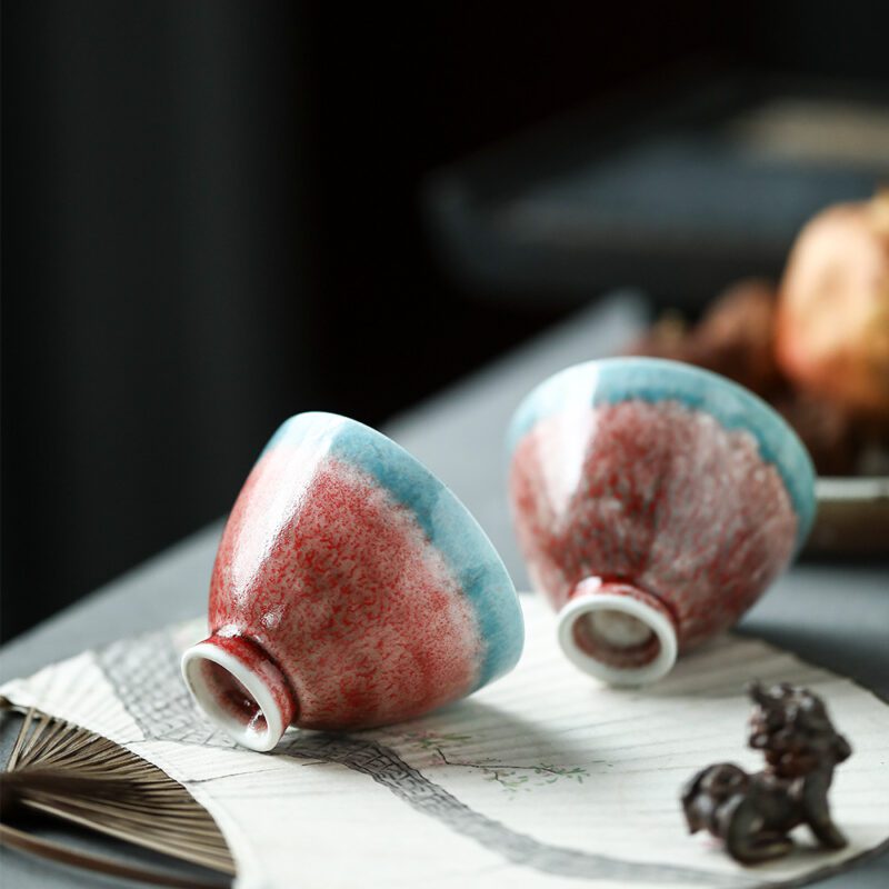 760 (7) Kiln Transmutation Handmade Gradient Glaze Ceramic Flaming Blue 70ml Tea Cup