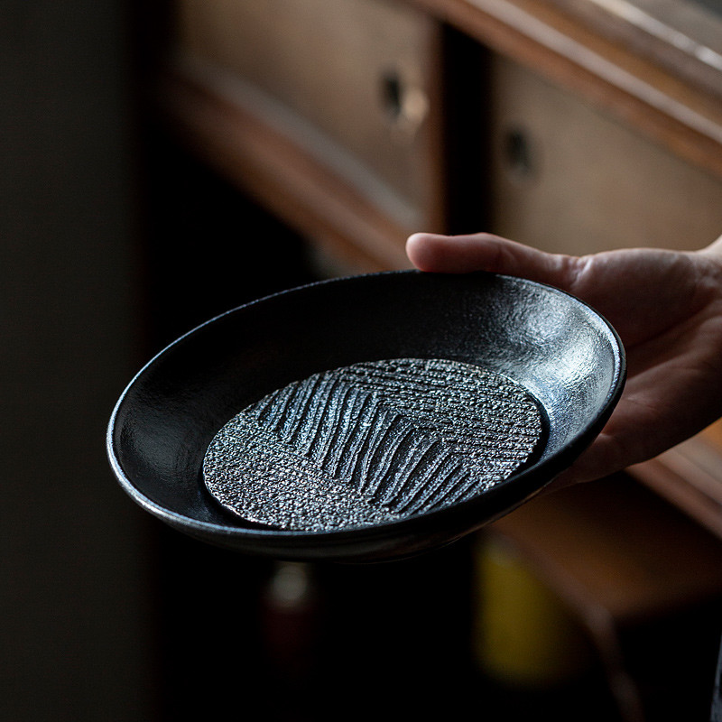 Wabisabi Style Black Clay Tea Boat With Stand (2) Wabisabi Style Black Clay Tea Boat With Stand