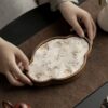Embroidered Inlay Walnut Wood Begonia Shape Tea Boat (1) Embroidered Inlay Walnut Wood Begonia Shape Tea Boat