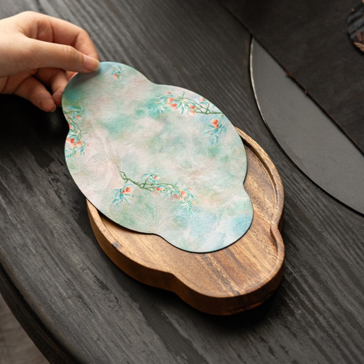Embroidered Inlay Walnut Wood Begonia Shape Tea Boat (12) Embroidered Inlay Walnut Wood Begonia Shape Tea Boat