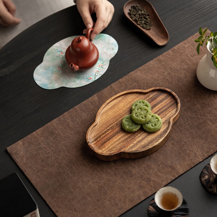 Embroidered Inlay Walnut Wood Begonia Shape Tea Boat (14) Embroidered Inlay Walnut Wood Begonia Shape Tea Boat