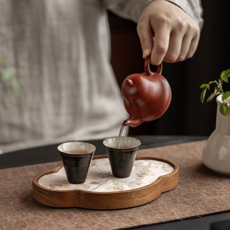 Embroidered Inlay Walnut Wood Begonia Shape Tea Boat (16) Embroidered Inlay Walnut Wood Begonia Shape Tea Boat