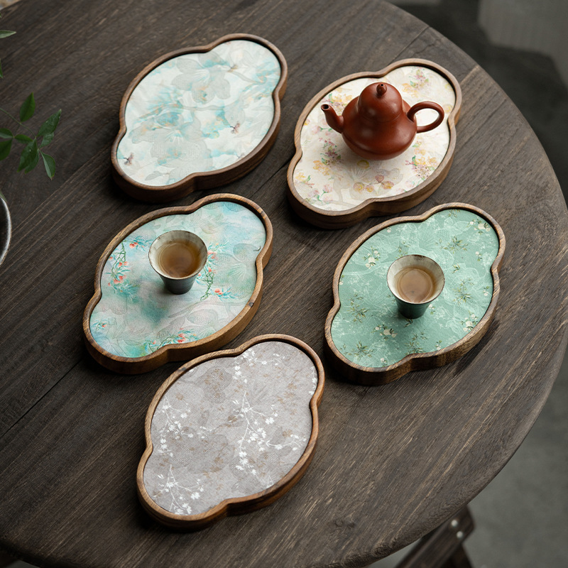 Embroidered Inlay Walnut Wood Begonia Shape Tea Boat (2) Embroidered Inlay Walnut Wood Begonia Shape Tea Boat
