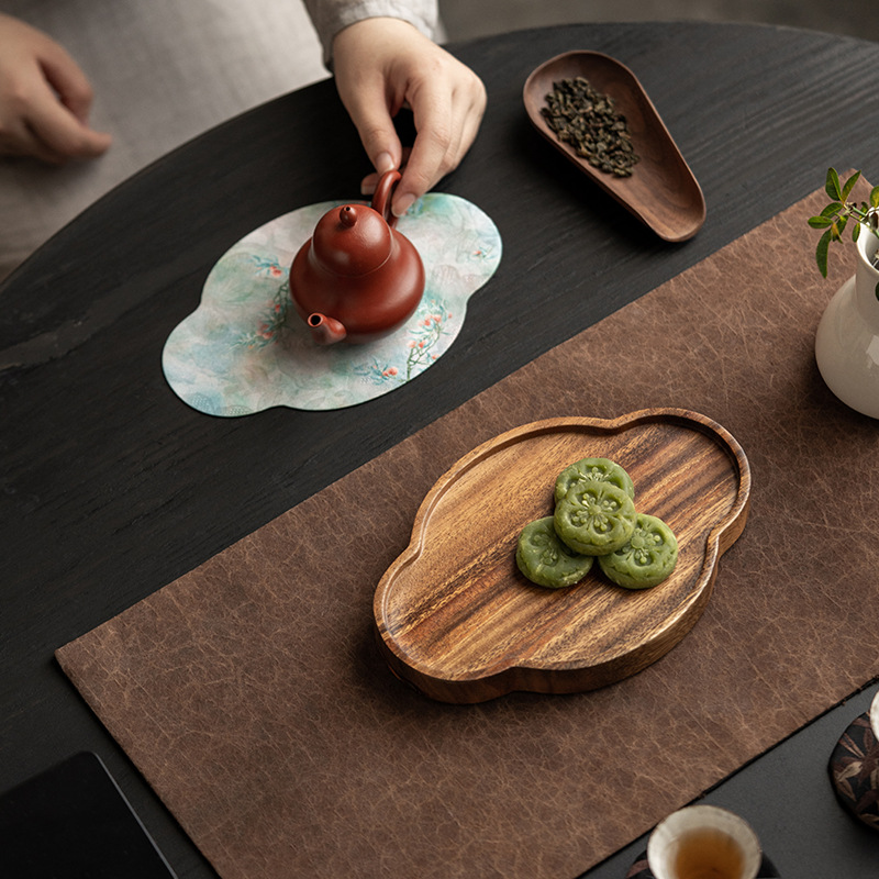 Embroidered Inlay Walnut Wood Begonia Shape Tea Boat (3) Embroidered Inlay Walnut Wood Begonia Shape Tea Boat