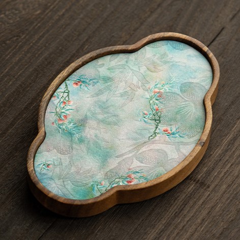 Embroidered Inlay Walnut Wood Begonia Shape Tea Boat (6) Embroidered Inlay Walnut Wood Begonia Shape Tea Boat