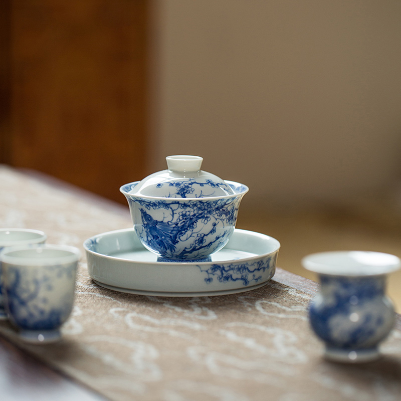 Ju Lan Studio Hand Paitned Qing Hua Tea Ware Series (1) Hand-painted Qinghua Ceramic Magpie On a Branch 30ml Tea Cup