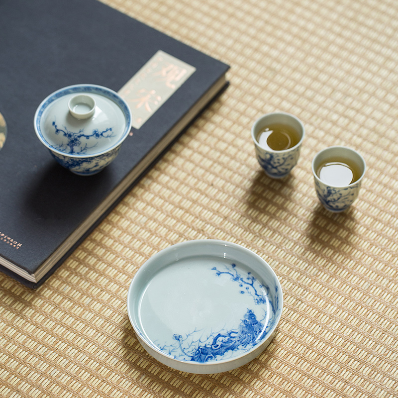 Ju Lan Studio Hand Paitned Qing Hua Tea Ware Series (4) Hand-painted Qinghua Ceramic Magpie On a Branch Tea Boat