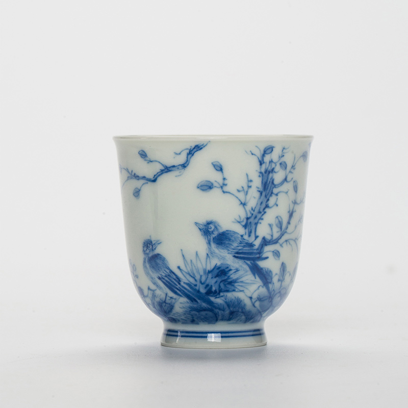 Ju Lan Studio Hand Paitned Qing Hua Tea Ware Series (6) Hand-painted Qinghua Ceramic Magpie On a Branch 30ml Tea Cup