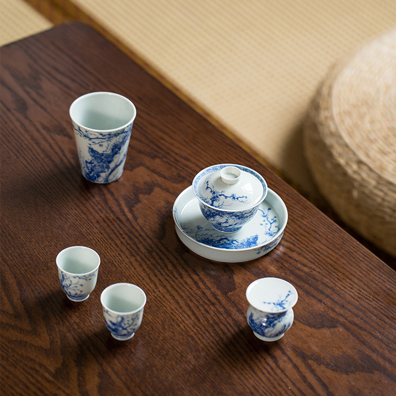 Ju Lan Studio Hand Paitned Qing Hua Tea Ware Series (8) Hand-painted Qinghua Ceramic Magpie On a Branch 30ml Tea Cup