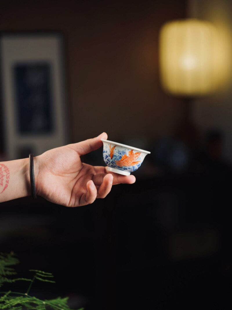 Hand-painted Qinghua Ceramic Carp Sailing 80ml Host Tea Cup