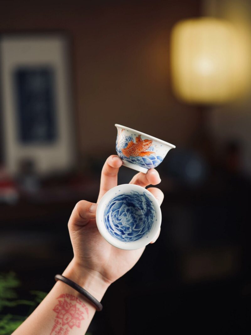 Hand-painted Qinghua Ceramic Carp Sailing 80ml Host Tea Cup