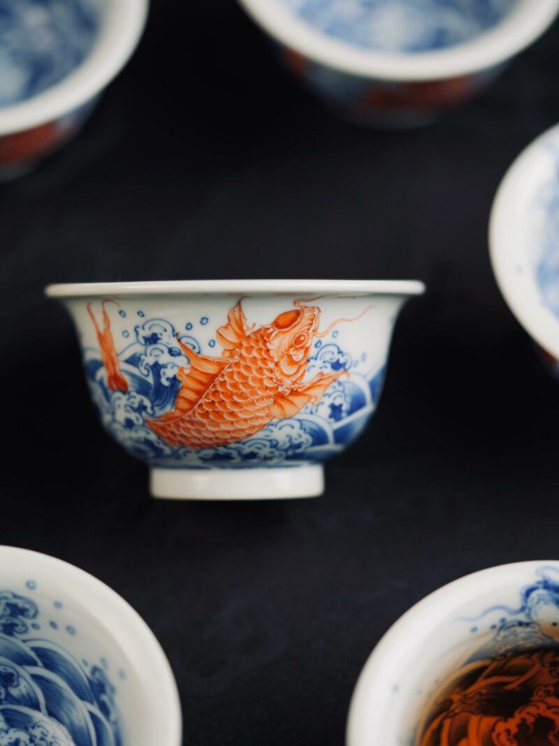Hand-painted Qinghua Ceramic Carp Sailing 80ml Host Tea Cup