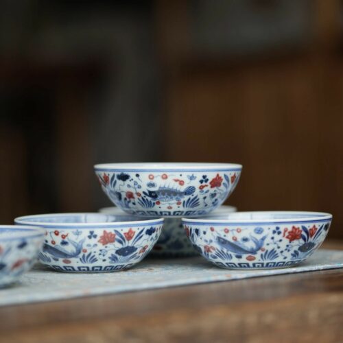 Hand-painted Underglaze Red Ceramic Fish and Algae 90ml Puerh Tea Cup