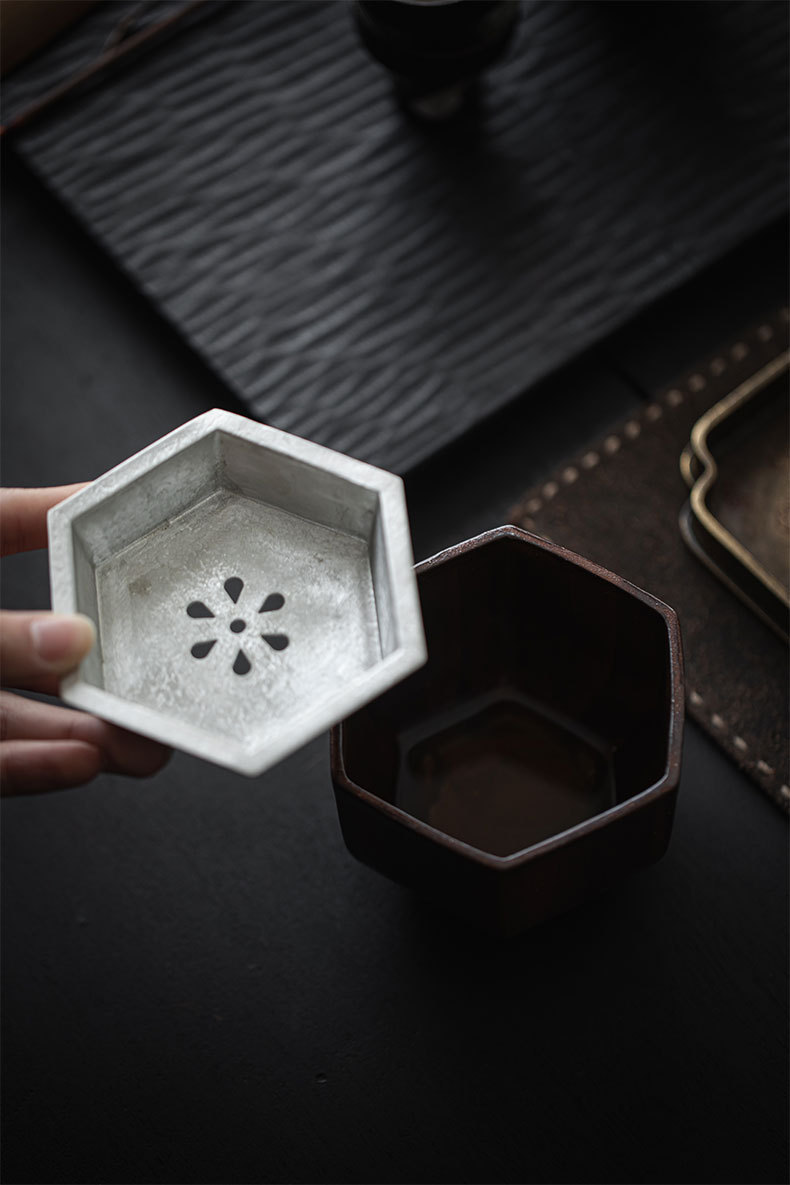 Wabisabi Style Ceramic Hexgonal Tea Basin With Tin Cover11 Wabisabi Style Ceramic Hexgonal Tea Basin With Tin Cover
