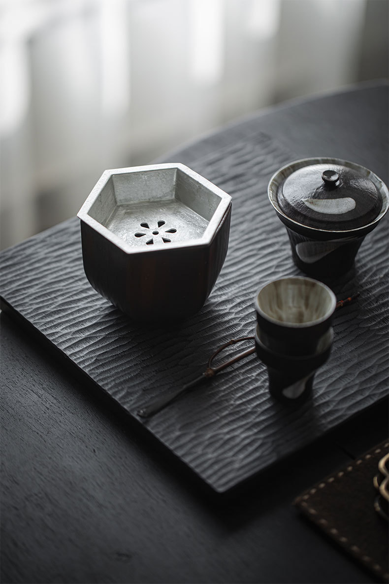 Wabisabi Style Ceramic Hexgonal Tea Basin With Tin Cover7 Wabisabi Style Ceramic Hexgonal Tea Basin With Tin Cover