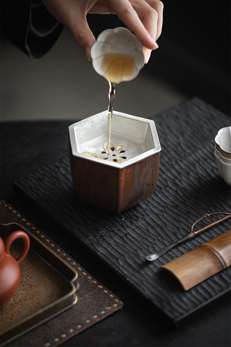 Wabisabi Style Ceramic Hexgonal Tea Basin With Tin Cover9 Wabisabi Style Ceramic Hexgonal Tea Basin With Tin Cover
