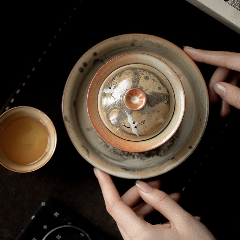主图-02 Soda Fired Gradient Glaze Ceramic Crane 100ml Teapot