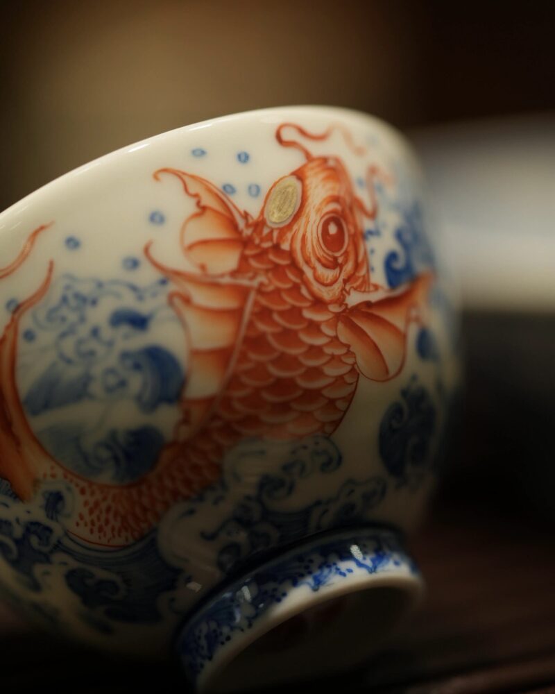 Hand-painted Qinghua Ceramic Carp Sailing 80ml Host Tea Cup