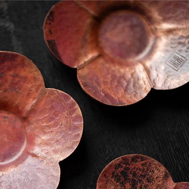 882 (3) Vintage Style Handmade Copper Flower Petal Tea Saucer