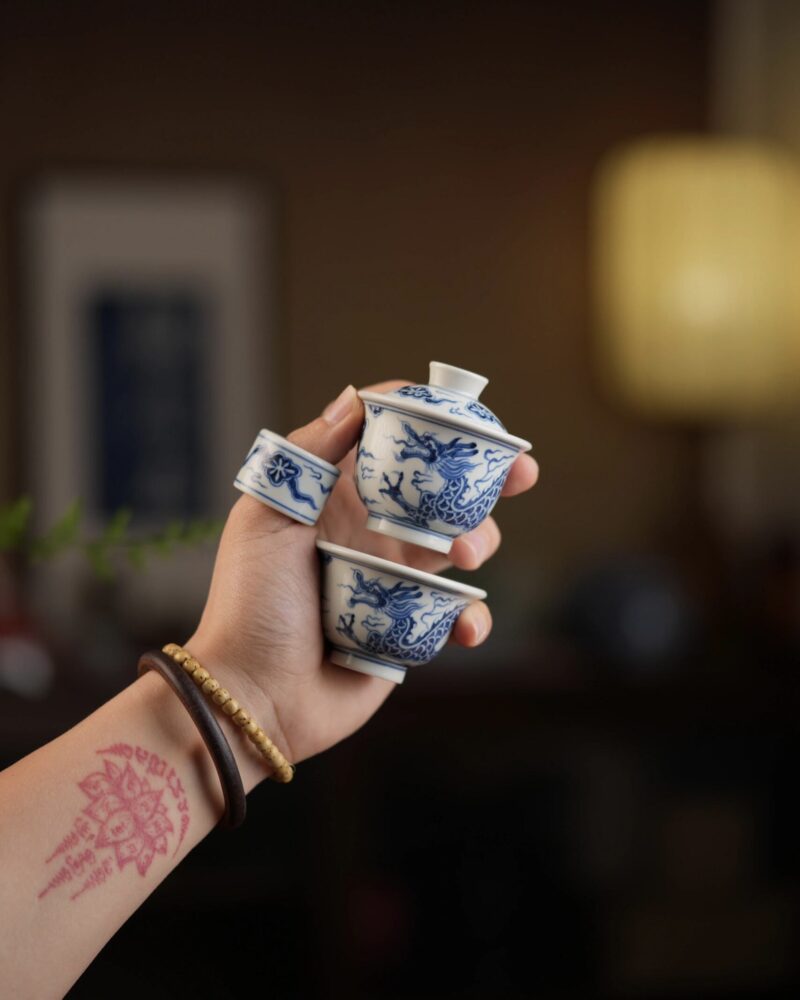 Handmade Hand-painted Qinghua Ceramic Mini 50-60ml Gaiwan Set Ship In 30 Days