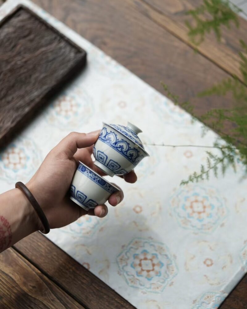 Handmade Hand-painted Qinghua Ceramic Mini 50-60ml Gaiwan Set Ship In 30 Days