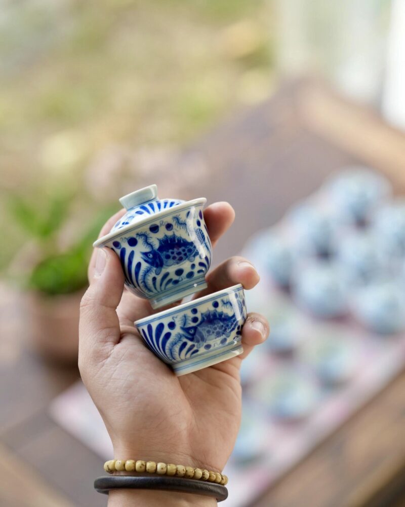 Handmade Hand-painted Qinghua Ceramic Mini 50-60ml Gaiwan Set Ship In 30 Days