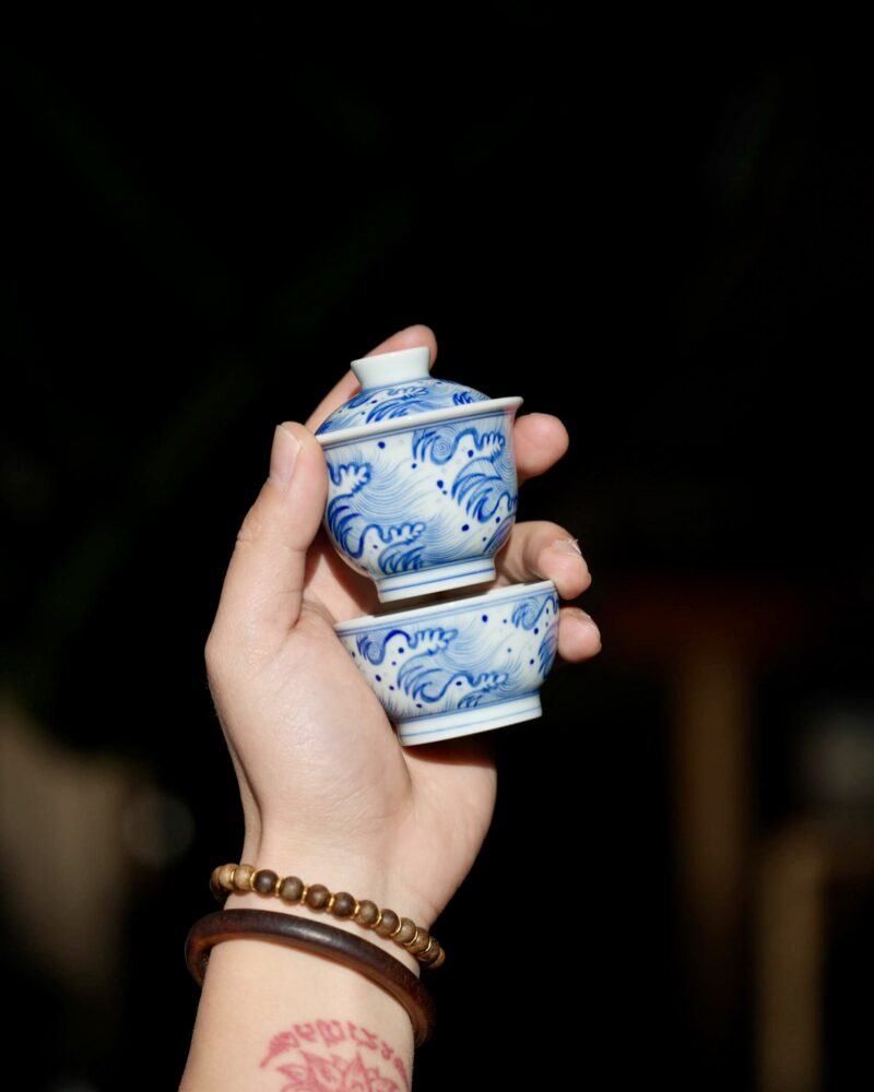 Handmade Hand-painted Qinghua Ceramic Mini 50-60ml Gaiwan Set Ship In 30 Days