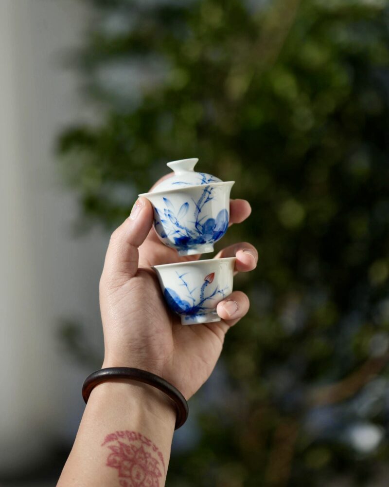 Handmade Hand-painted Qinghua Ceramic Mini 50-60ml Gaiwan Set Ship In 30 Days
