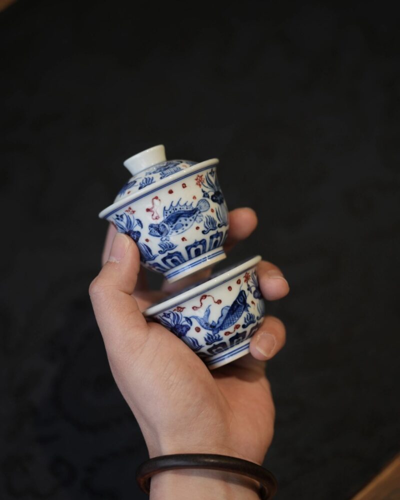 Handmade Hand-painted Qinghua Ceramic Mini 50-60ml Gaiwan Set Ship In 30 Days