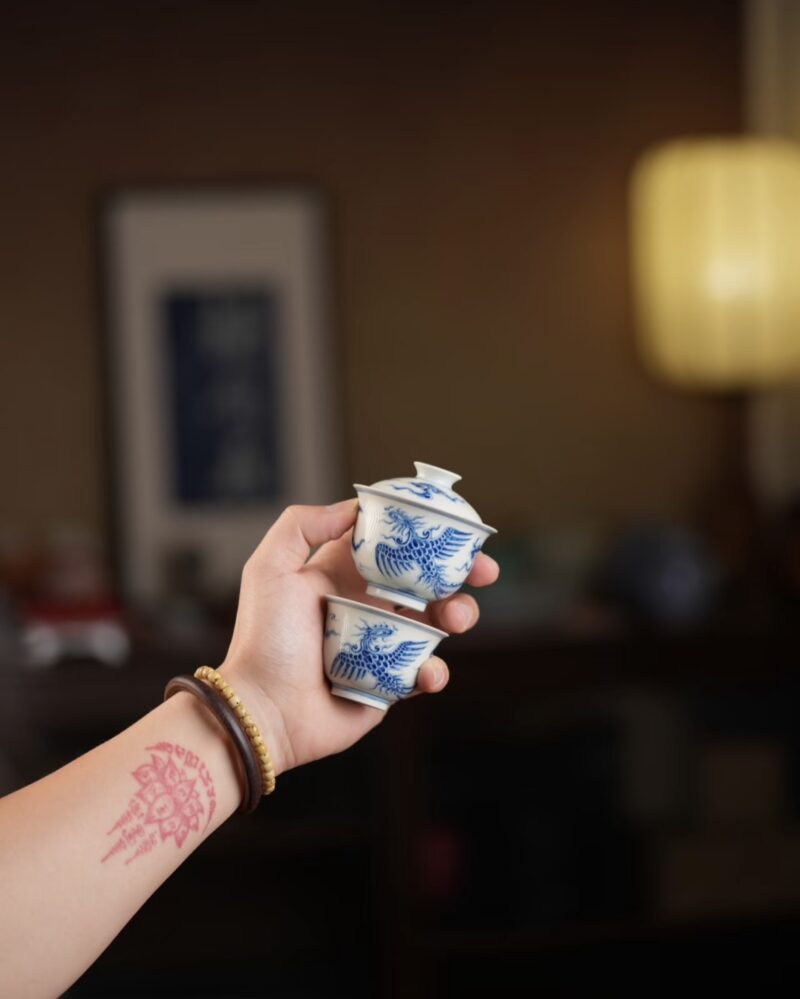 Handmade Hand-painted Qinghua Ceramic Mini 50-60ml Gaiwan Set Ship In 30 Days