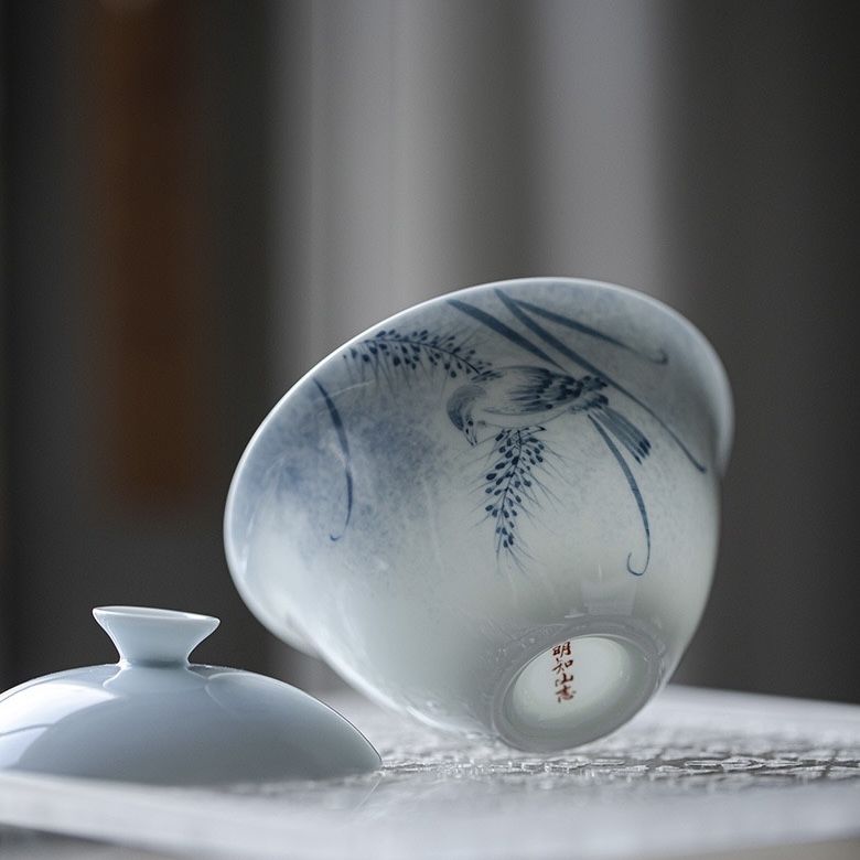 Hand-painted Ceramic Blue Swallows 120ml Gaiwan