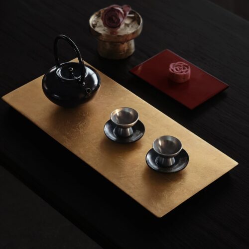 Handmade Traditional Lacquer Wood Golden Leaf Tea Tray1 Handmade Traditional Lacquer Wood Golden Leaf Tea Tray