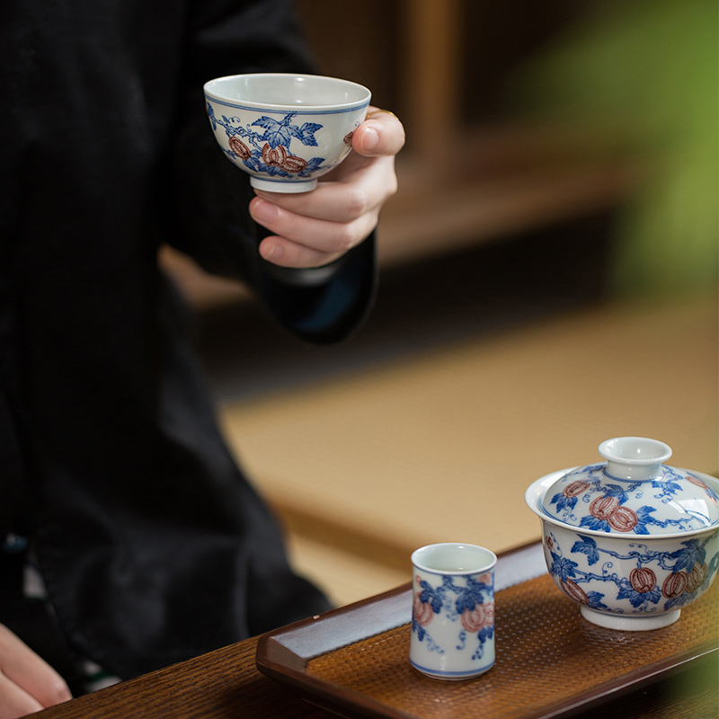 914 (17) Hand-painted Qinghua Ceramic Watermelon Pattern 140ml Gaiwan