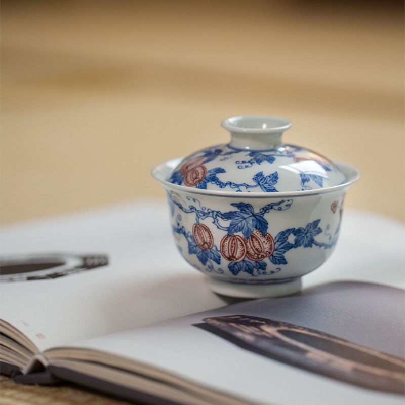 914 (3) Hand-painted Qinghua Ceramic Watermelon Pattern 140ml Gaiwan