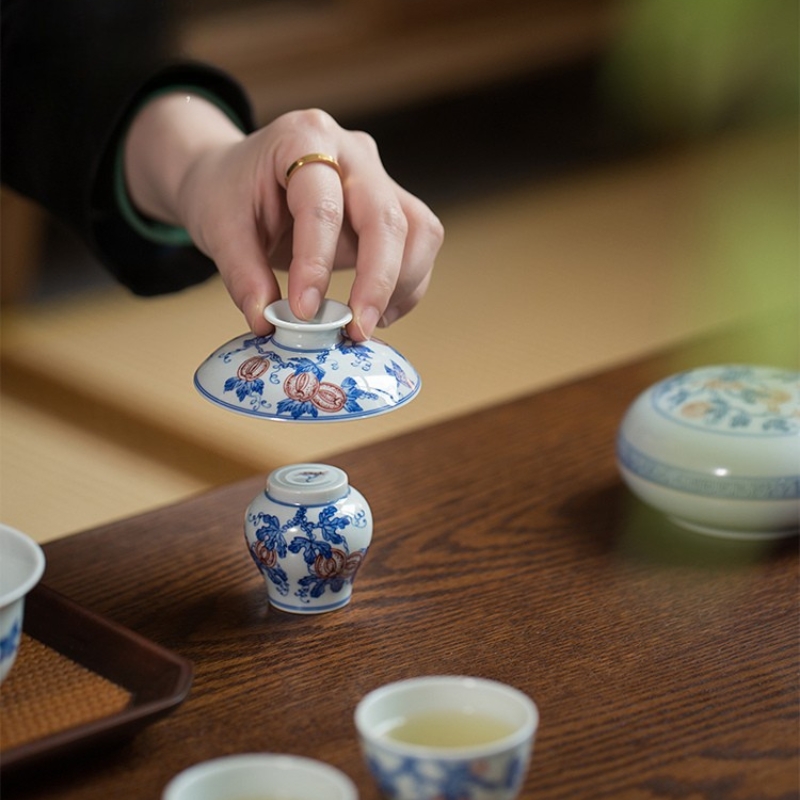 914 (4) Hand-painted Qinghua Ceramic Watermelon Pattern 140ml Gaiwan