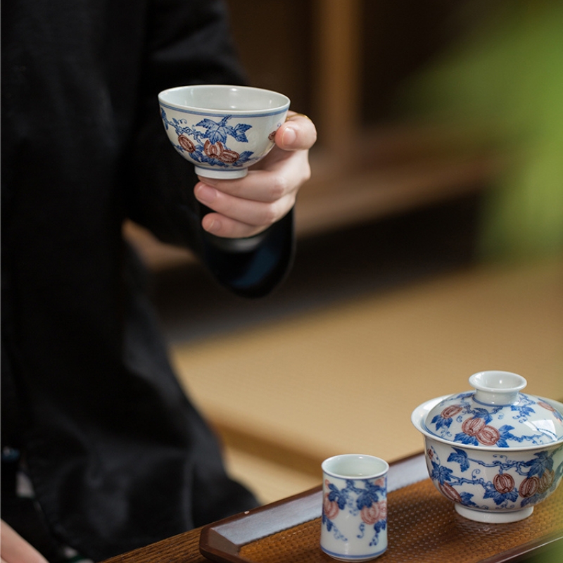 914 (5) Hand-painted Qinghua Ceramic Watermelon Pattern 140ml Gaiwan