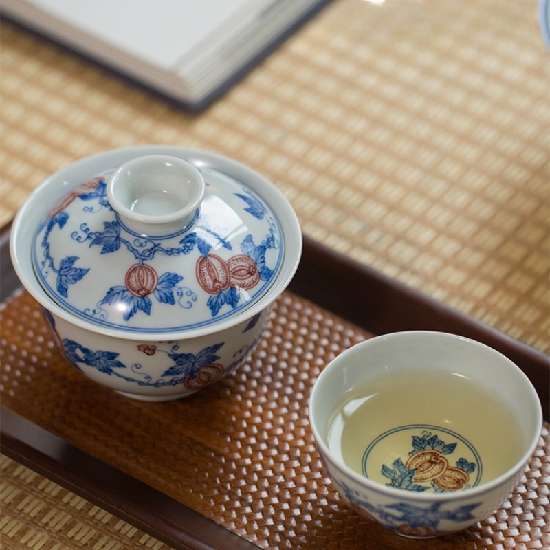 914 (8) Hand-painted Qinghua Ceramic Watermelon Pattern 140ml Gaiwan