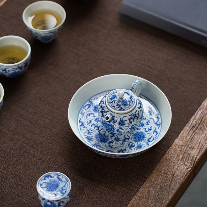 915 (2) Hand-painted Qinghua Ceramic Twined Chrysanthemum 90ml Gaiwan