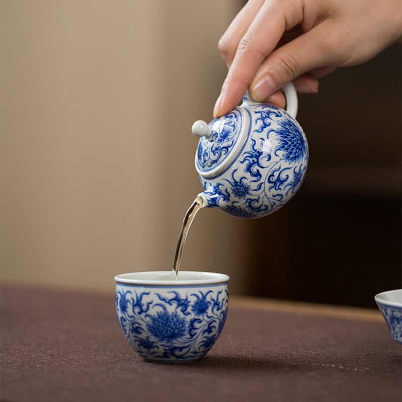 915 (3) Hand-painted Qinghua Ceramic Twined Chrysanthemum 90ml Gaiwan