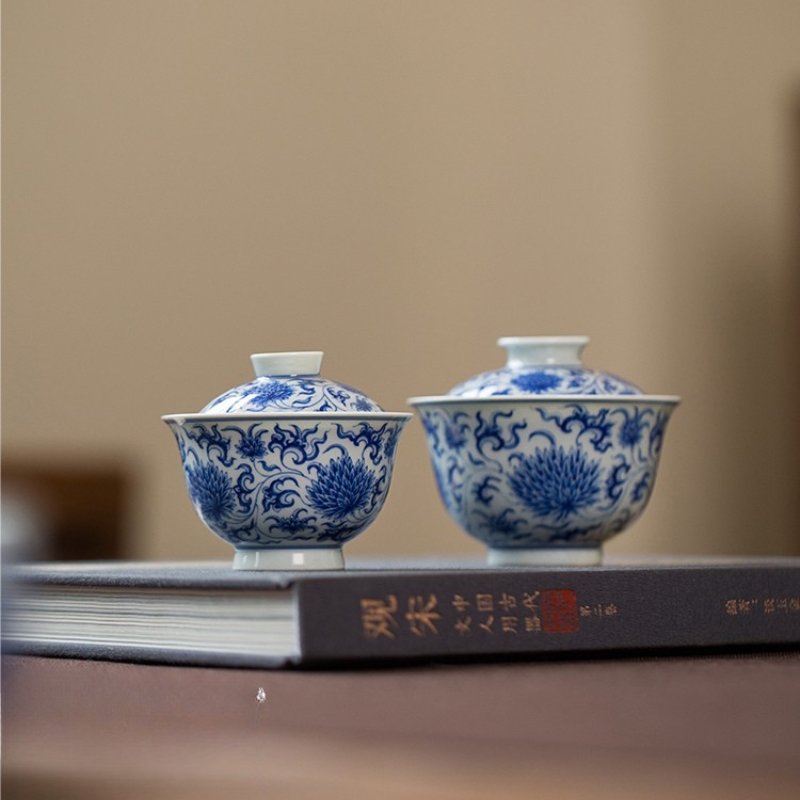 915 (4) Hand-painted Qinghua Ceramic Twined Chrysanthemum 90ml Gaiwan