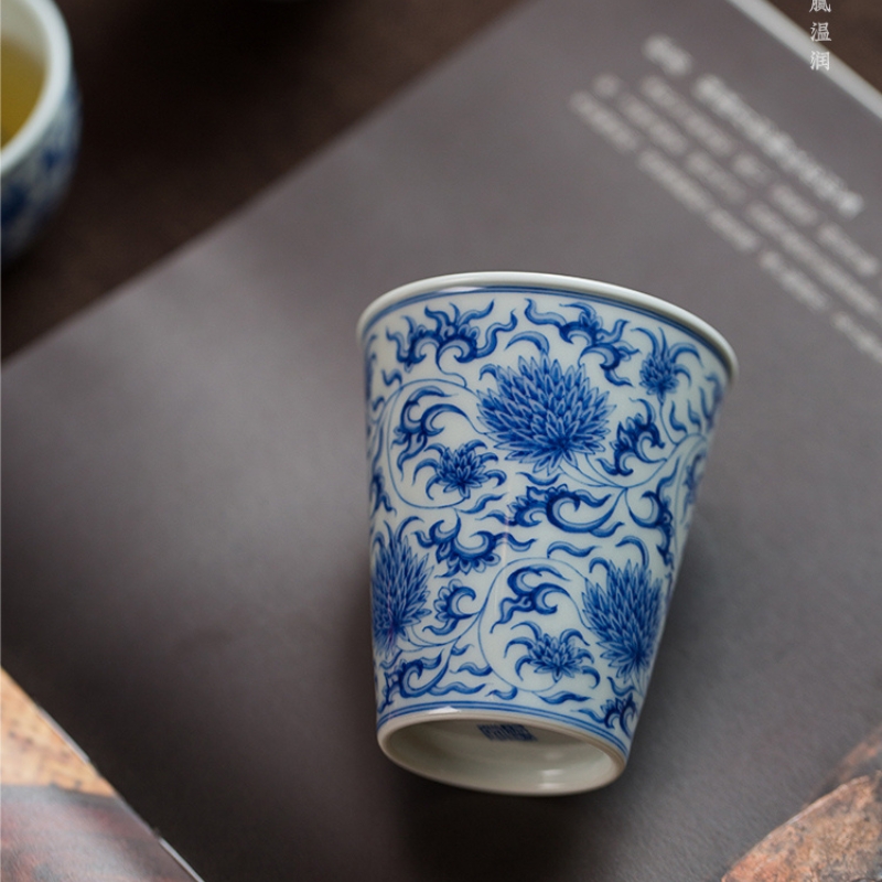 915 (5) Hand-painted Qinghua Ceramic Twined Chrysanthemum 90ml Gaiwan
